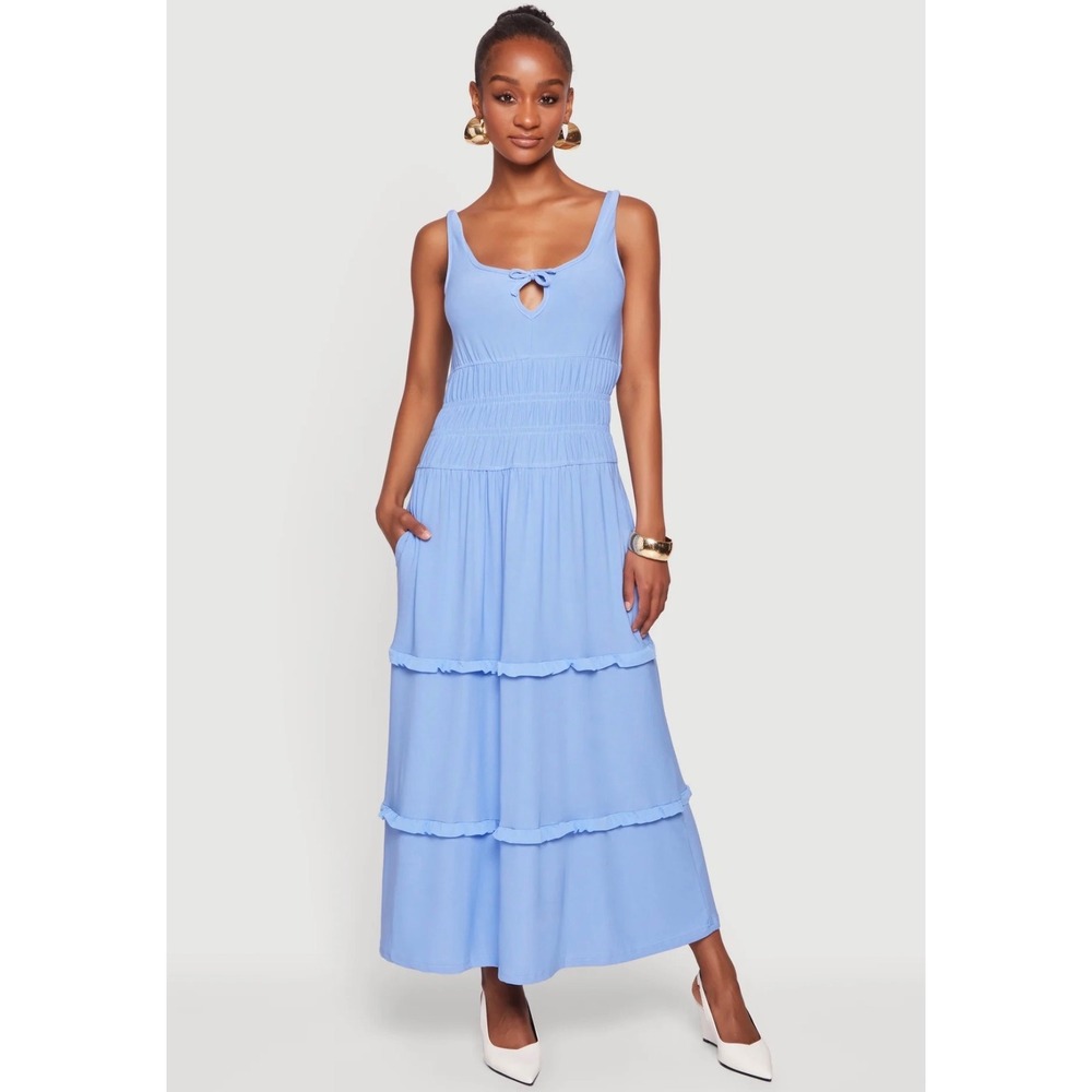 Love Juniors Smocked Waist Ruffle Trim Midi Dress – Blue – Medium – NWOT